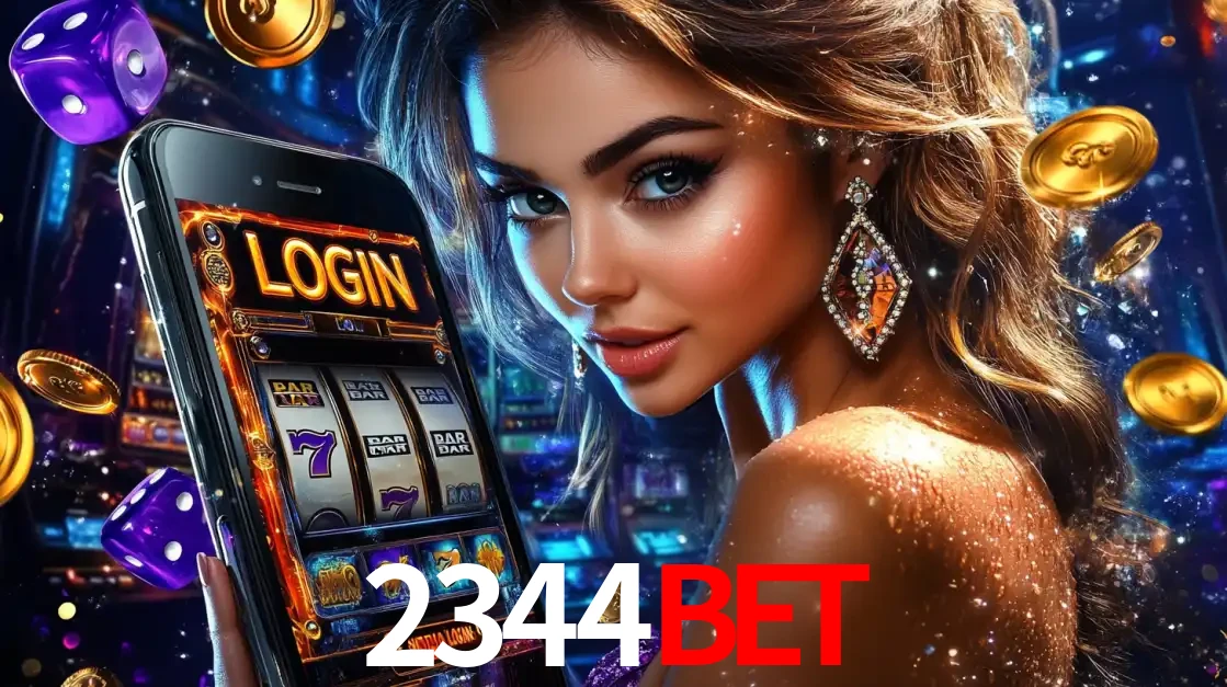 Mulher glamorosa segurando um smartphone com a tela de login para os jogos de caça-níqueis do cassino online 2344bet, com moedas de ouro e dados ao redor.