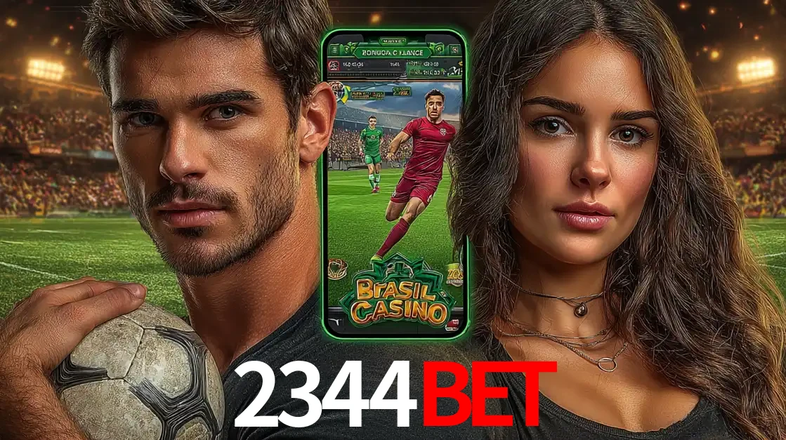 Homem segurando uma bola de futebol e uma mulher ao lado de um smartphone exibindo o jogo de apostas esportivas da 2344bet. Faça seu palpite no cassino online.